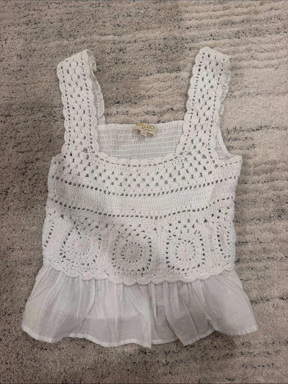 Rebellion White Crochet Ruffle Hem Camisole
